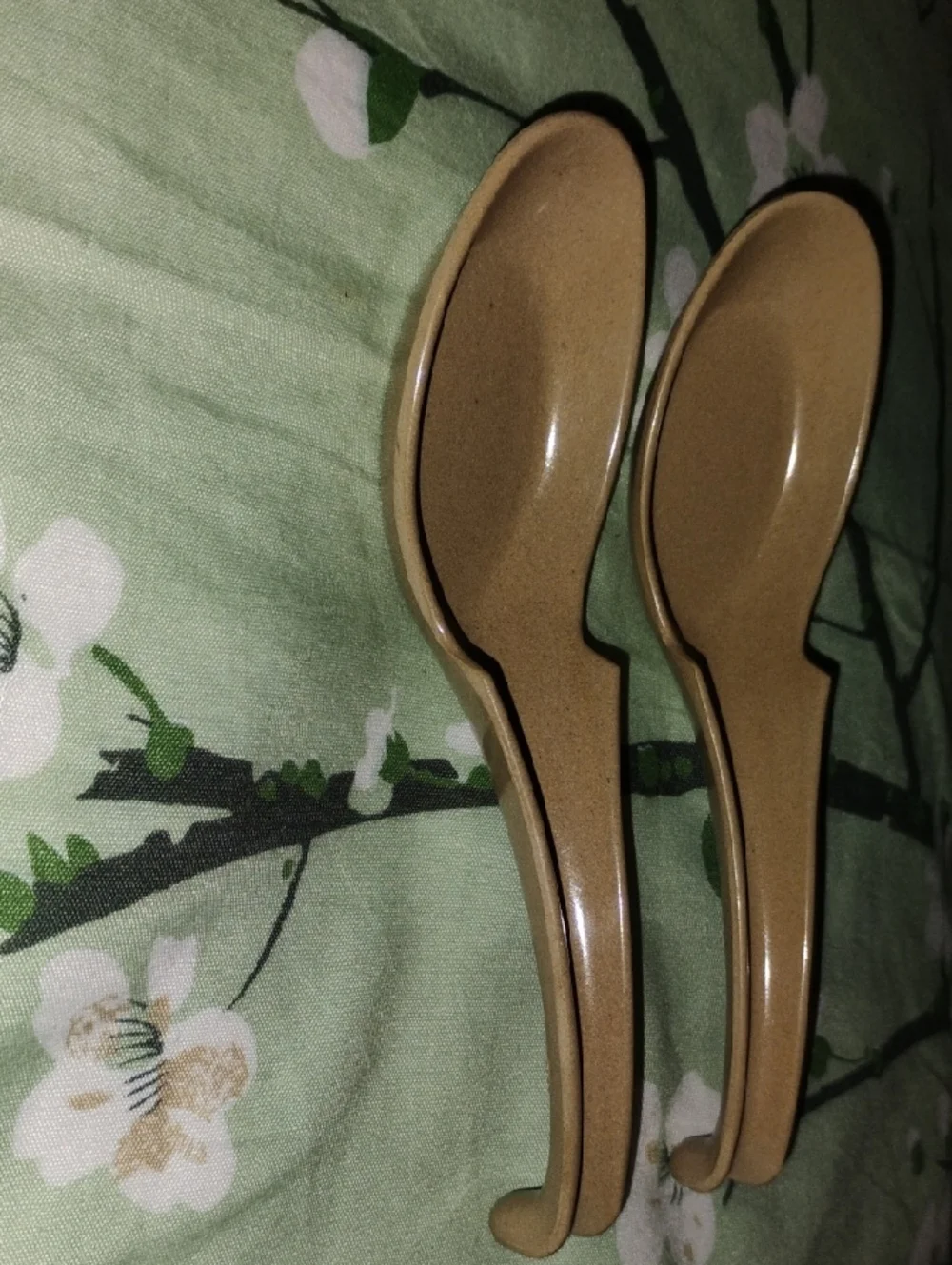 Set of 2 Ceramic Soup Spoons in Tan/Olive